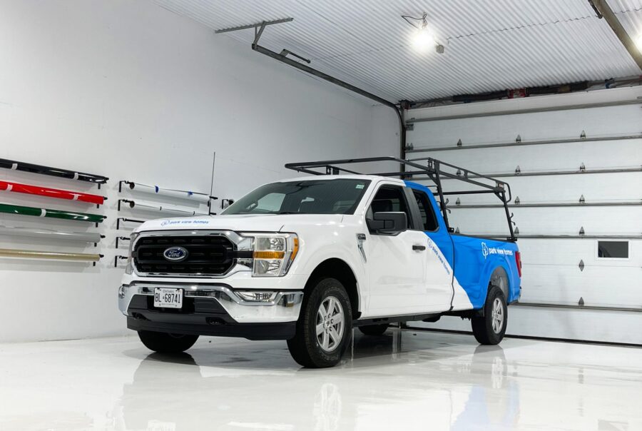 A rugged and professional Ford F-150 commercial wrap for Park View Homes in Ottawa, ensuring strong brand visibility.