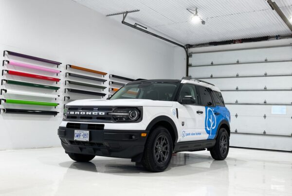 A custom Ford Bronco Sport wrap for Park View Homes in Ottawa, adding a stylish yet branded look to their fleet.