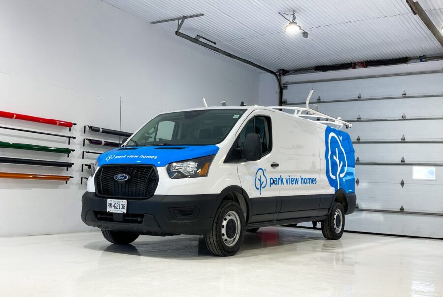 A professional Ford Transit fleet wrap for Park View Homes in Ottawa, helping maintain a uniform and branded presence.