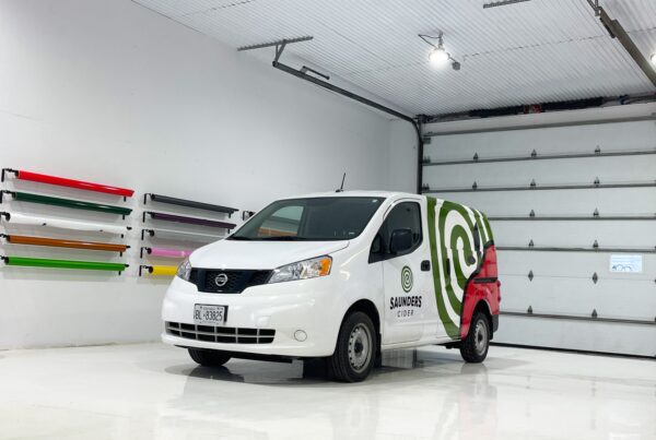 A vibrant and eye-catching commercial van wrap for Saunders Farms in Ottawa, perfect for mobile advertising.