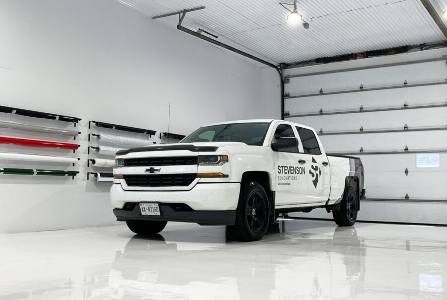 A clean and professional fleet wrap for a Stevenson Renovations work truck in Ottawa, elevating brand identity with custom graphics.