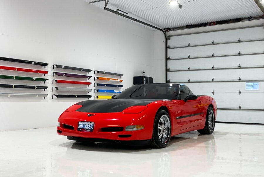 A striking vinyl color change wrap on a Chevrolet Corvette, elevating its style with a custom high-gloss finish by VSF Wrap.